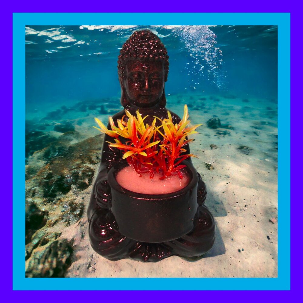 Aquarium Decoration - Buddha with Yellow and Orange Plant.